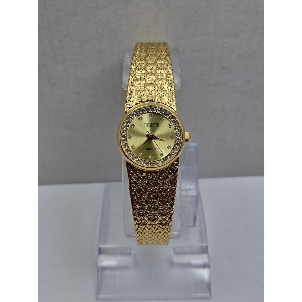 Manhattan Croton Womens Gold Tone Crystal Bezel Basket Weave Watch New Battery